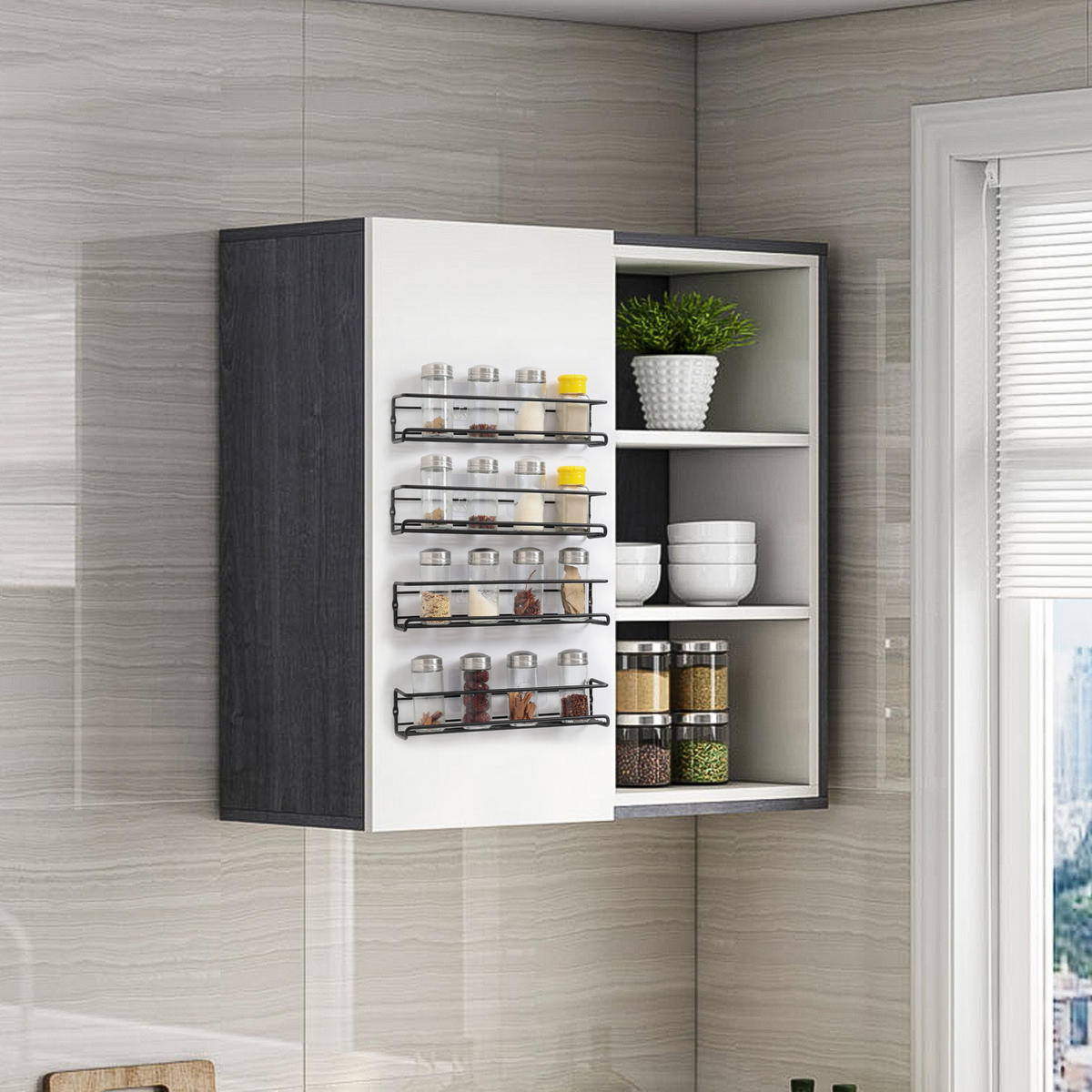 GEWÜRZREGAL 4er Set wandmontiertes aus Kohlenstoffstahl in Schwarz Sicheres Design Optimale Raumnutzung 400 x 145 x 145 cm - Schwarz, Metall (400/145/145cm) - Livingandhome