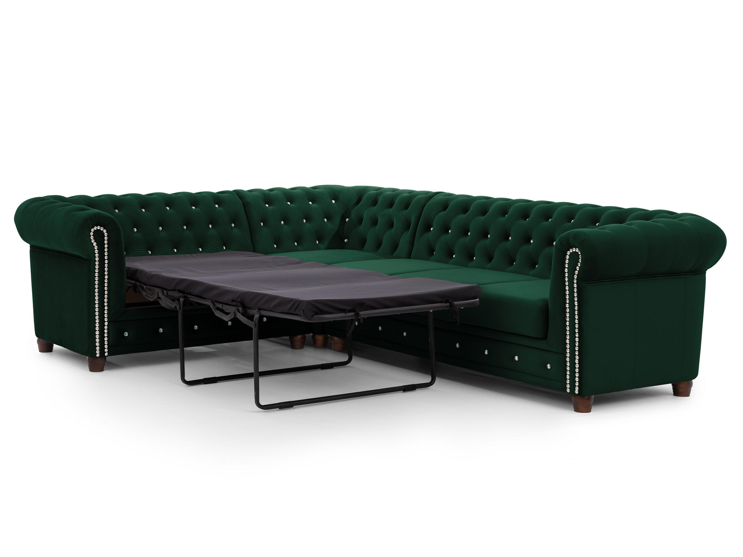 ECKSOFA mit Schlaffunktion Chesterfield Flasche Grün Samt mit Kristallsteppung und braunen Massivholzfüßen - Ottomane Links - Braun/Grün, Holz/Textil (264/210cm) - S-Style Möbel