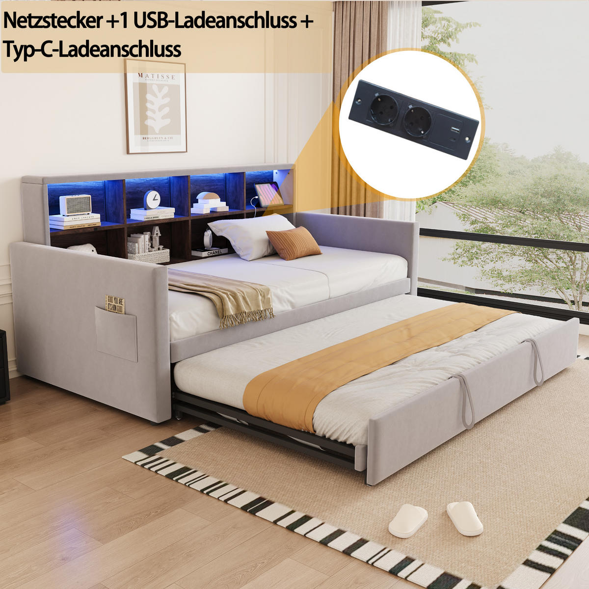 POLSTERBETT 90/190 cm Hellgrau aus Samt mit Ausziehbett und LED-Beleuchtung - Hellgrau, Textil (90/190cm) - OKWISH