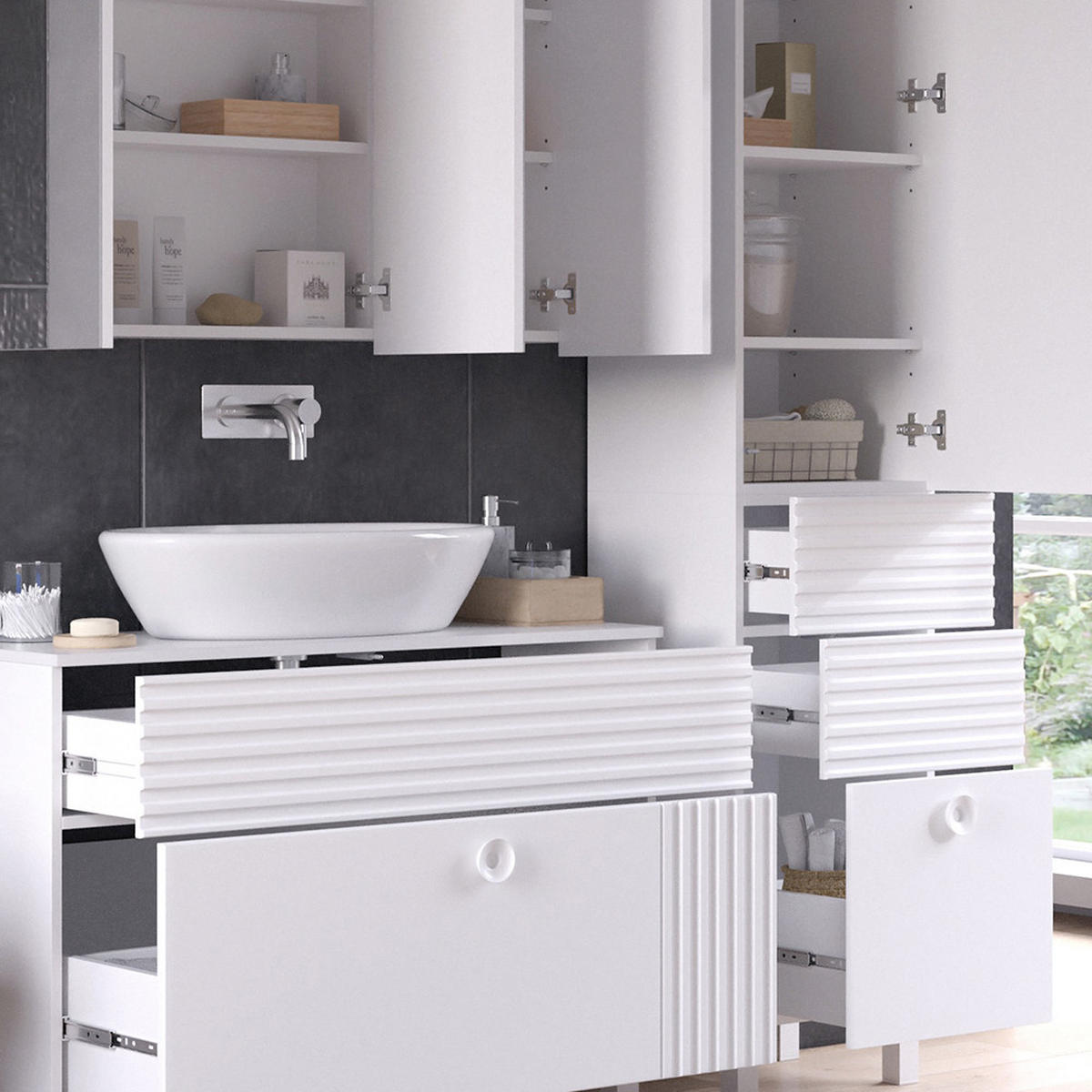 BADMÖBEL-SET Sola Weiß 3 Teile, mit Hochschrank - Weiß, Holzwerkstoff (100/72/37cm) - Vicco