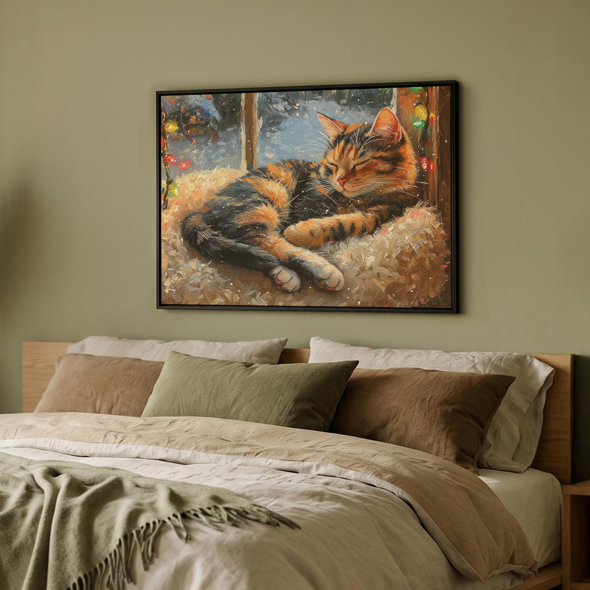 LEINWAND Bilder mit Rahmen - Katze - Weihnachten - Winter - Tier - 80x60 - Bernsteinfarben, Textil (80/60cm) - MuchoWow