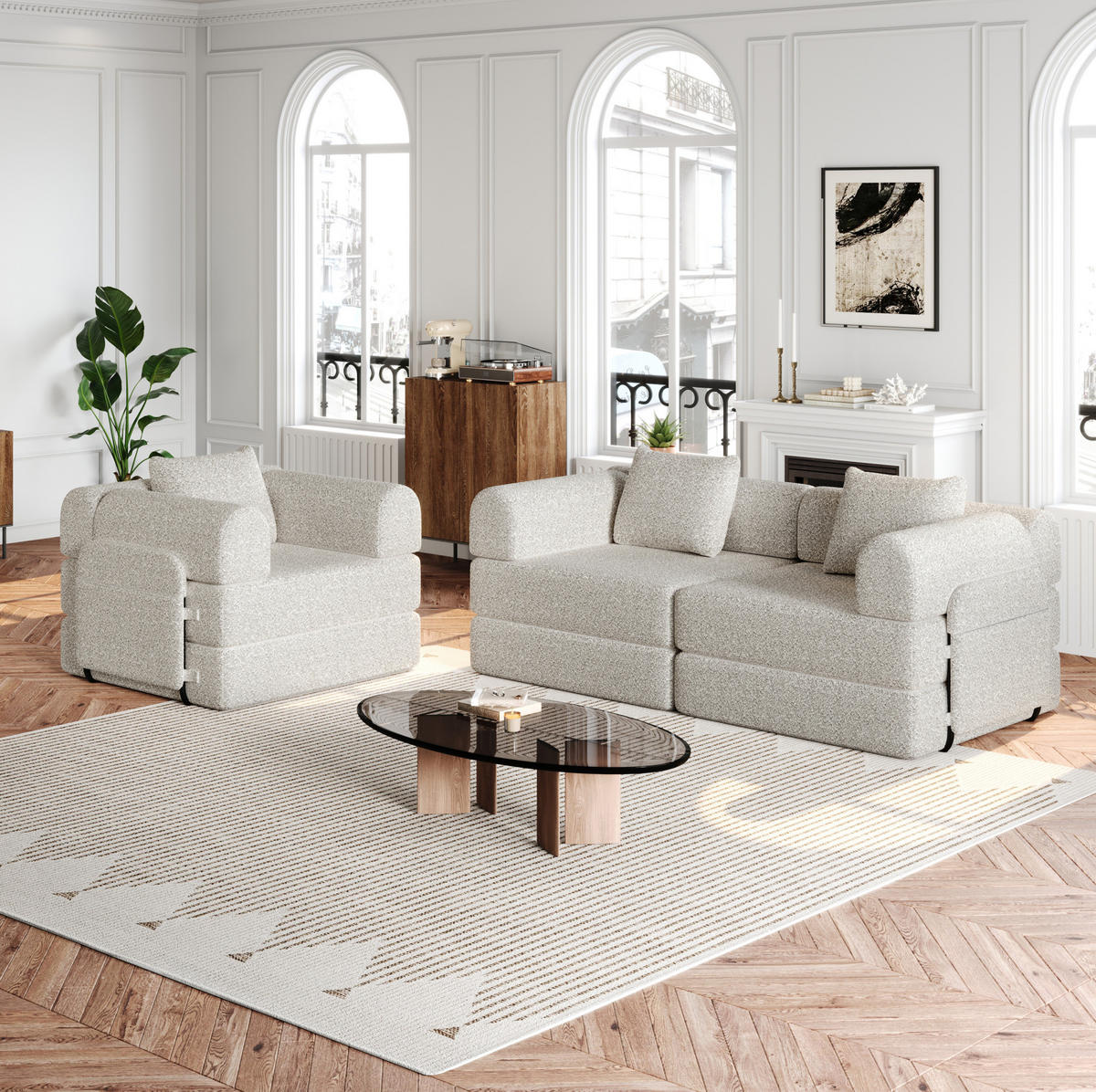 SCHLAFSOFA 2-in-1, Chenille mit Armlehnen-Staufach & Stahlrahmen, 91,4/274/69,8 cm, Beige - Beige, Textil (91.4/69.8/274cm) - Redom