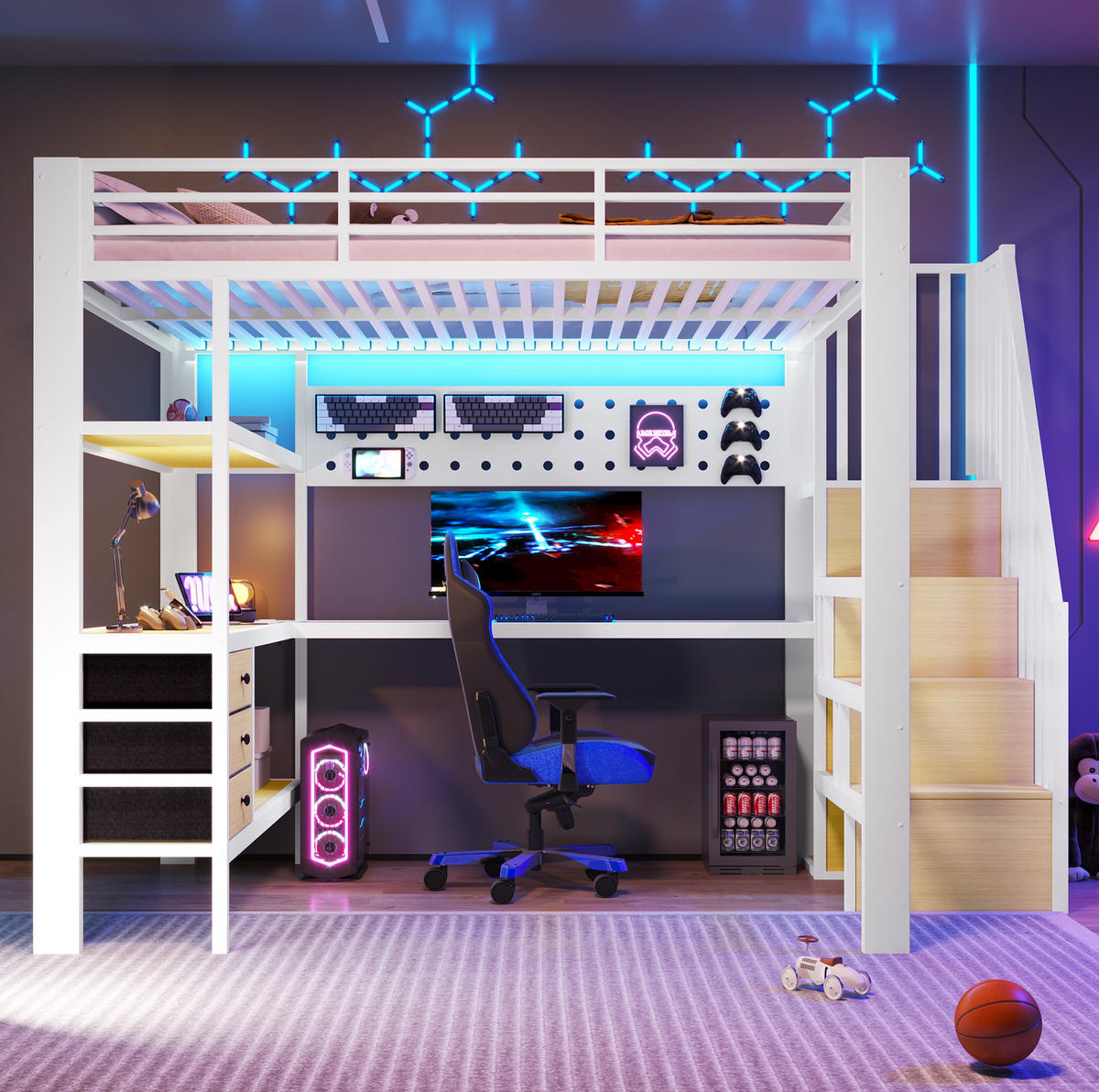 HOCHBETT 140/200 cm, Weiß mit Schubladen, Tisch, LED-Licht ohne Matratze - Weiß, Metall (140/200cm) - MIVRAY