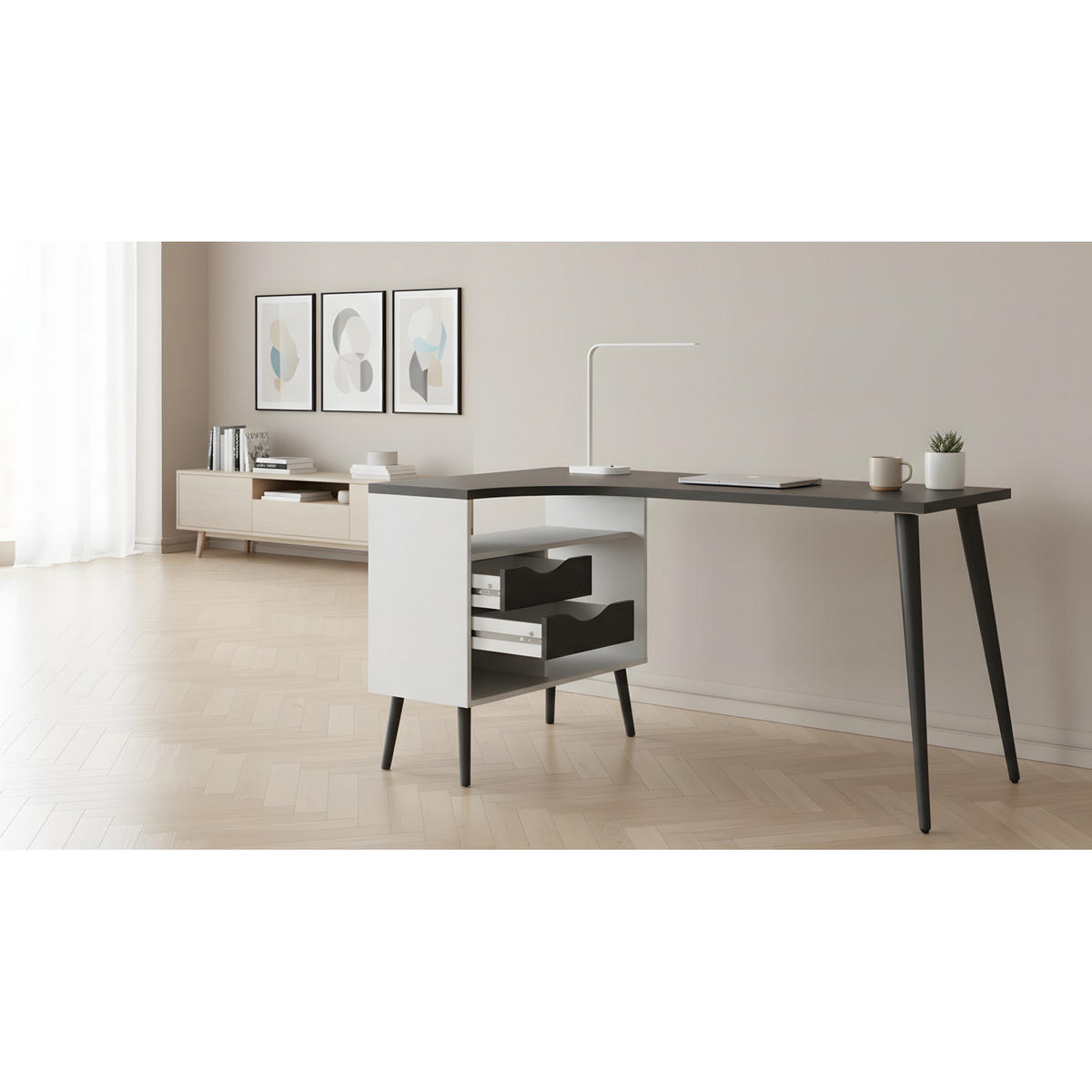 ECKSCHREIBTISCH Weiß - Schwarz, Holzwerkstoff (81/145/76cm) - ebuy24