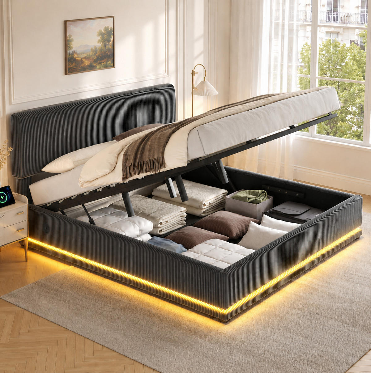 POLSTERBETT mit Stauraum, LED und USB-C 180x200 cm Cord Dark Gray - Dunkelgrau, Metall (180/200cm) - Meubliv