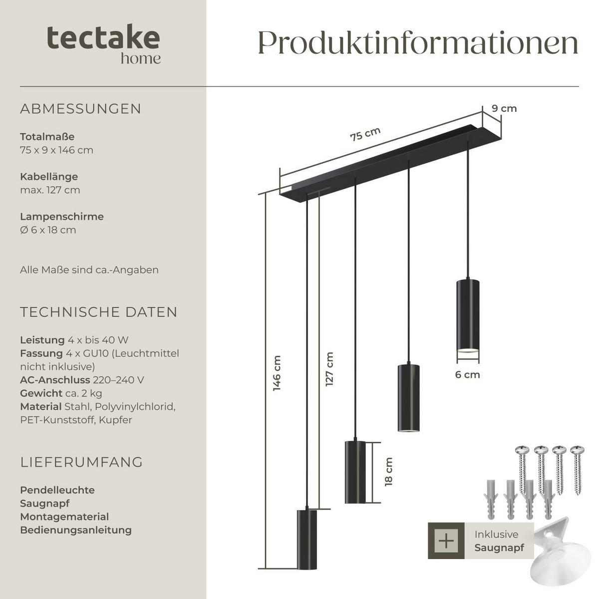 HÄNGELEUCHTE Lumea,75 x 9 x 146 cm ,schwarz - Schwarz, Metall (9/75/146cm) - tectake