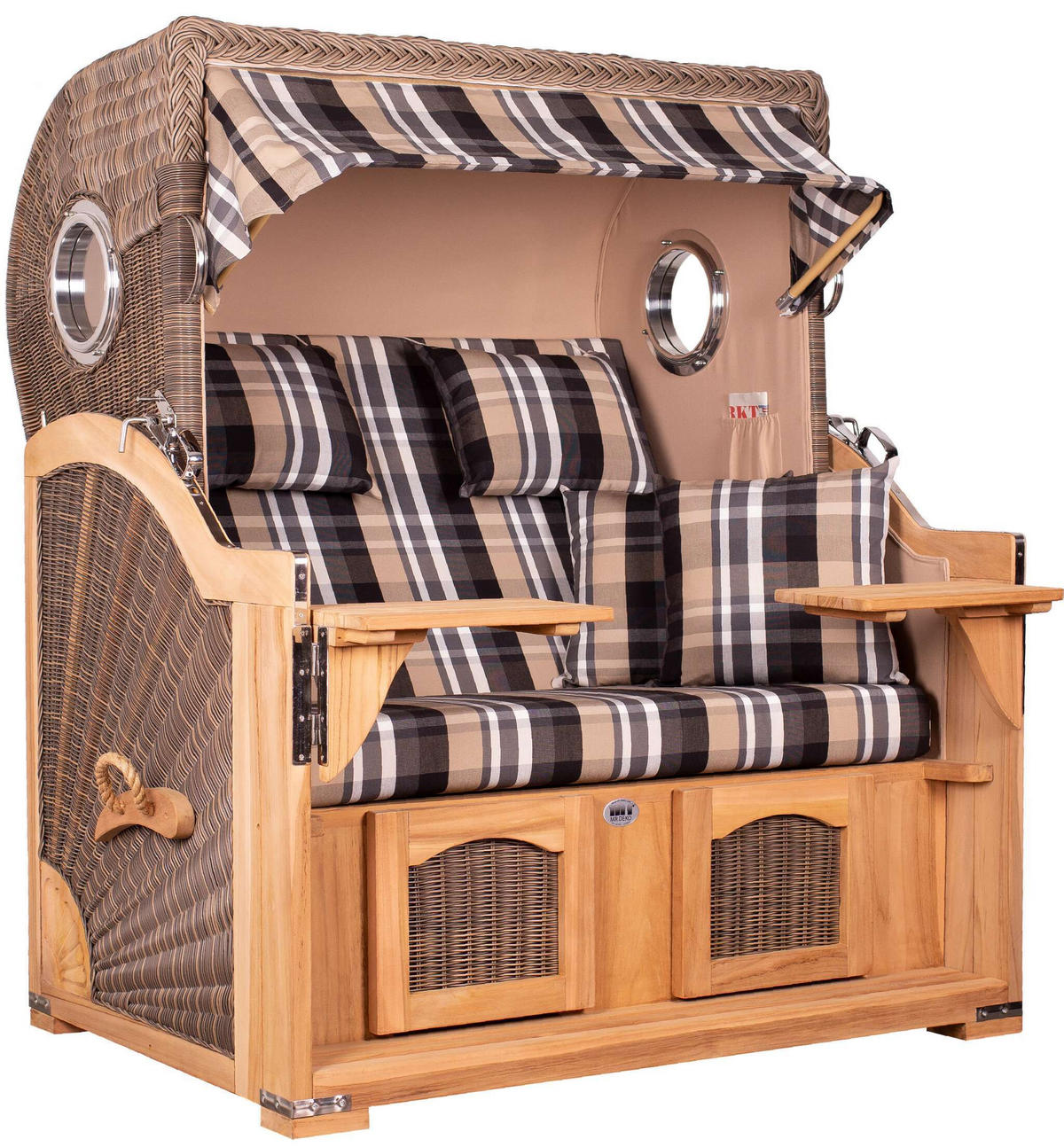 STRANDKORB Düne Grande Bullauge Teak PE Grey Dessin 583 - Braun/Grau, Metall (142/170/95cm) - Mr. Deko