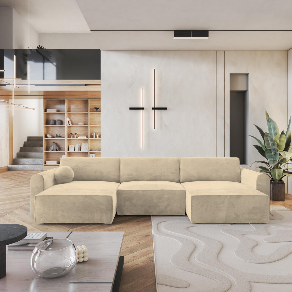 ROHOVÁ SEDAČKA FENTO krémová - šedá/krémová, dřevo/textil (347/148cm) - MASSENO