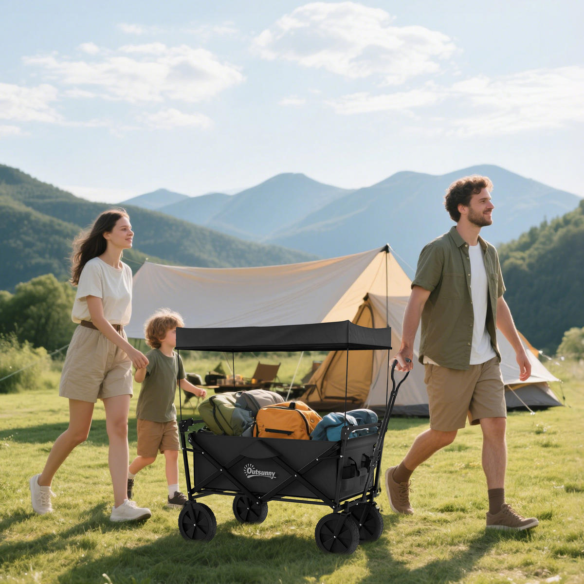GARTENWAGEN DE-10434 klappbar mit Dach, 110 L Schwarz - Schwarz, Metall (52/105/97cm) - ComfortXL