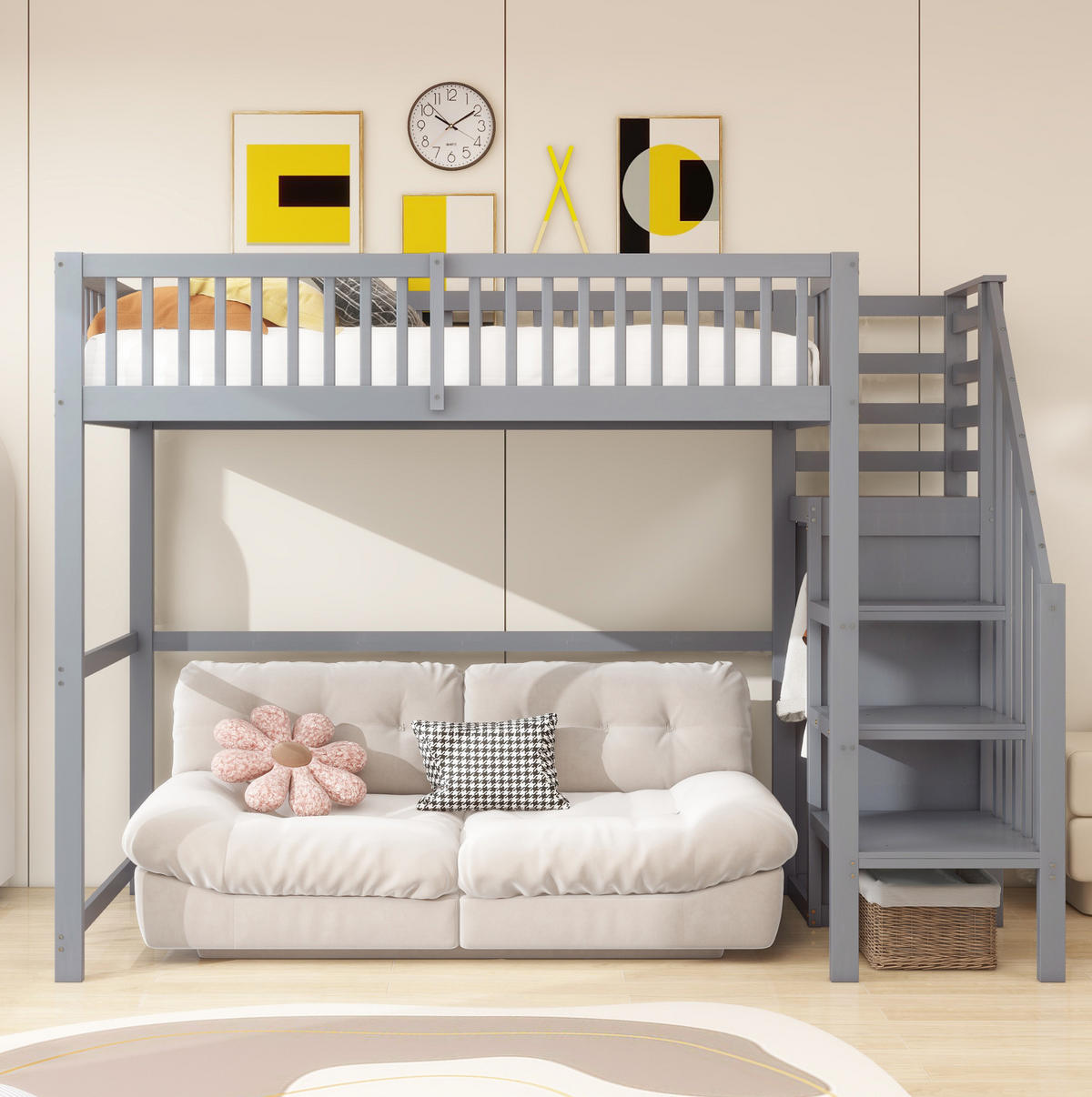 ETAGENBETT 90/200 cm in Grau aus Holz mit Treppe, Kleiderschrank und Regal - Grau, Holz (90/200cm) - OKMYHOME