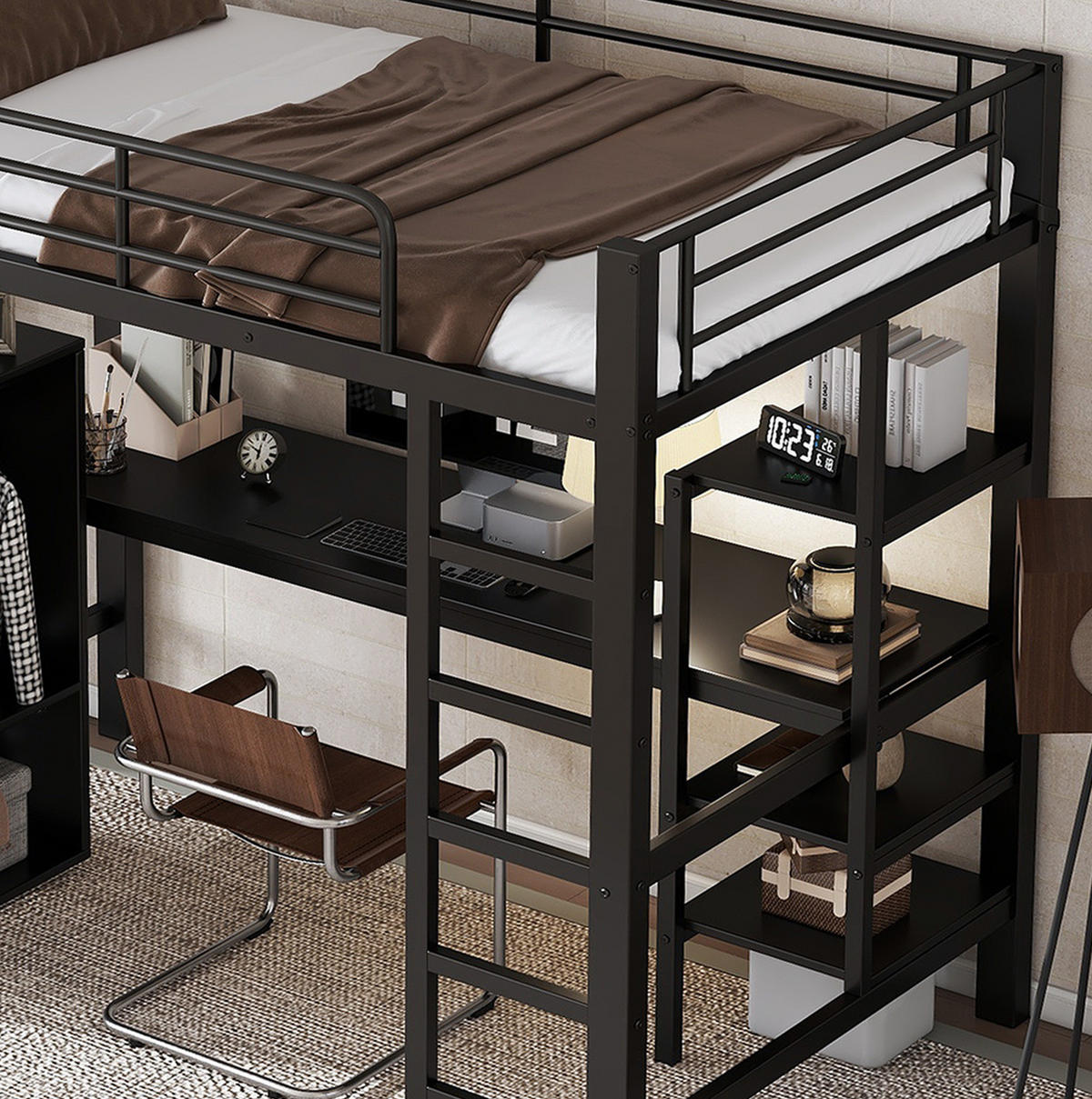 ETAGENBETT aus Metall und MDF 90x200 cm Schwarz mit Schreibtisch, Kleiderschrank, Regalen und 5-stufiger Leiter - Schwarz, Metall (90/200cm) - Modfu