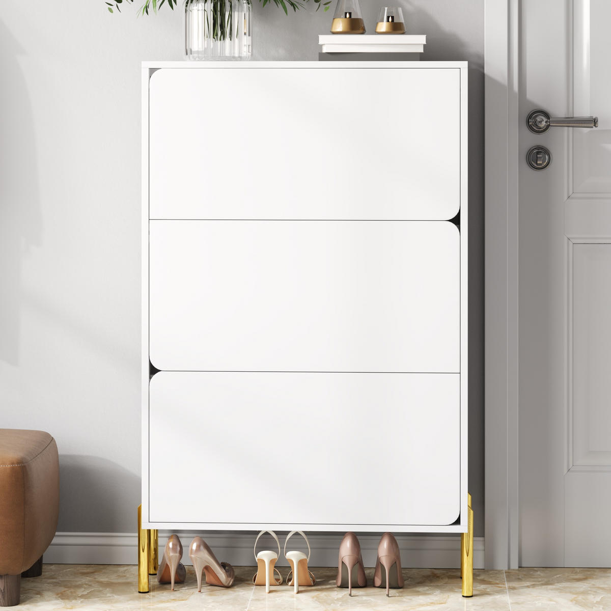 SCHUHSCHRANK 3 Türen groß Stauraum Goldfüße - Weiß, Holz (73/120/24cm) - LEBENLANG