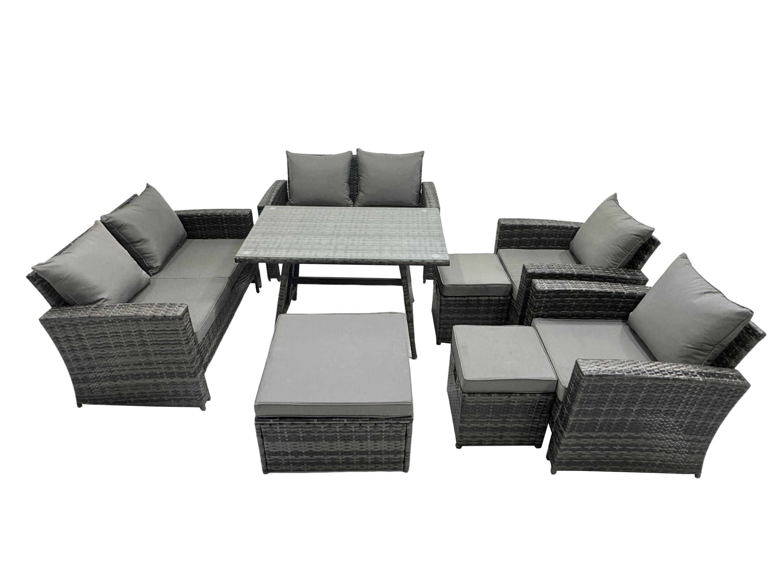 GARTENMÖBELSET mit ESSTISCH,HOCHLEHNER-SOFA Polyrattan Dunkelgrauer Mix 9-Sitzer - Dunkelgrau/Grau, Glas/Kunststoff - Fimous