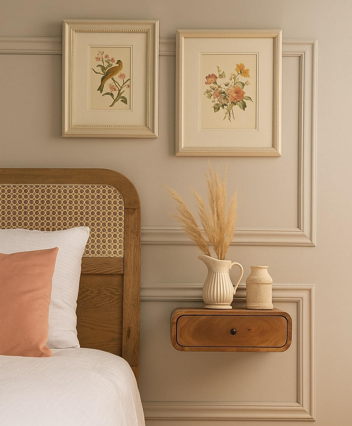 NACHTKASTEN Avora Wandmontiert Eichenoptik, 1 Schublade, Beige - Beige/Messingfarben, Holz/Metall (45/15/32cm) - Artisan Furniture