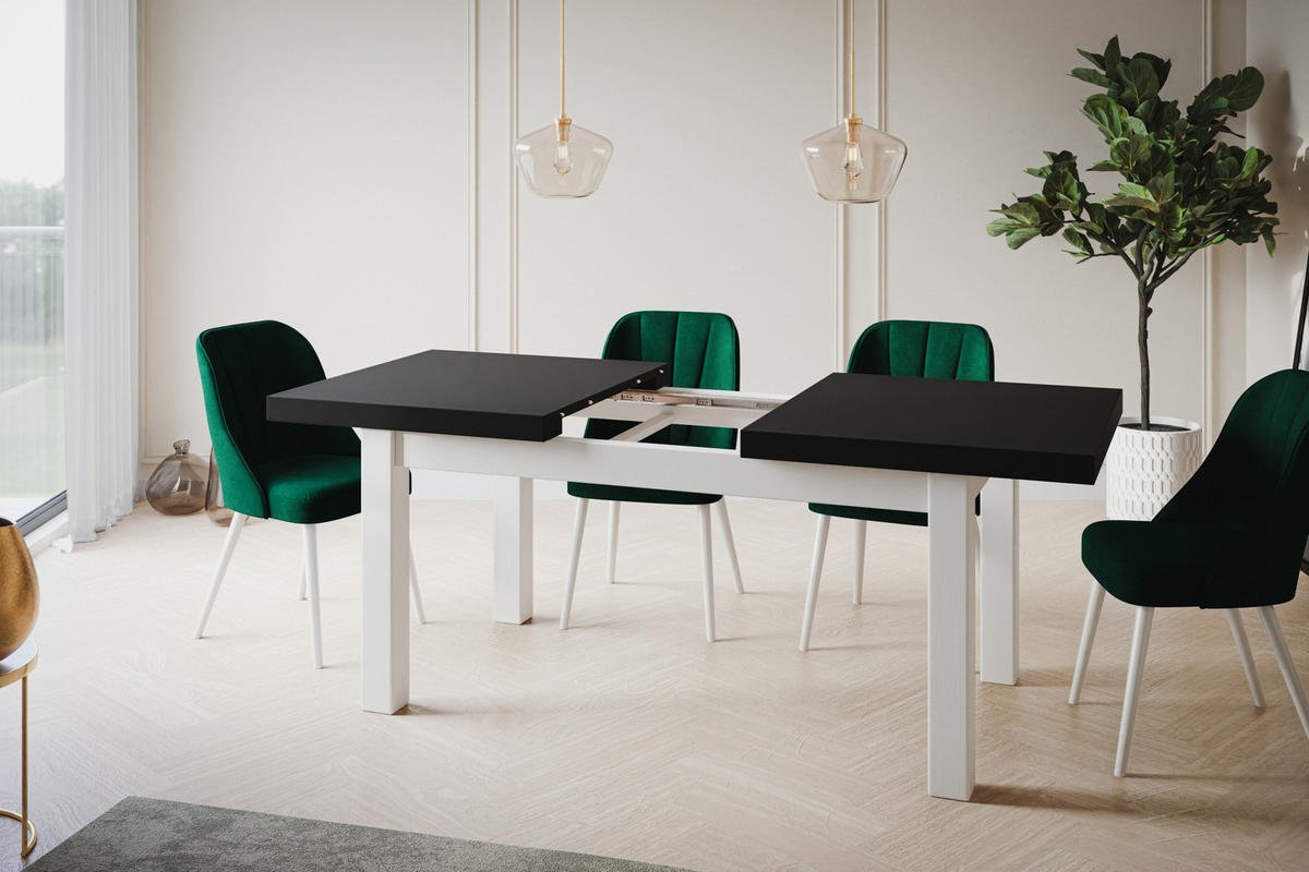 ESSZIMMERTISCH CLASSIC, ausziehbarer Tisch 120-160X80X78 cm, Farbe: Schwarz, mit Holzbeinen in Farbe Weiß - Schwarz/Weiß, Holzwerkstoff (120/80/78cm) - Alpi-Möbel