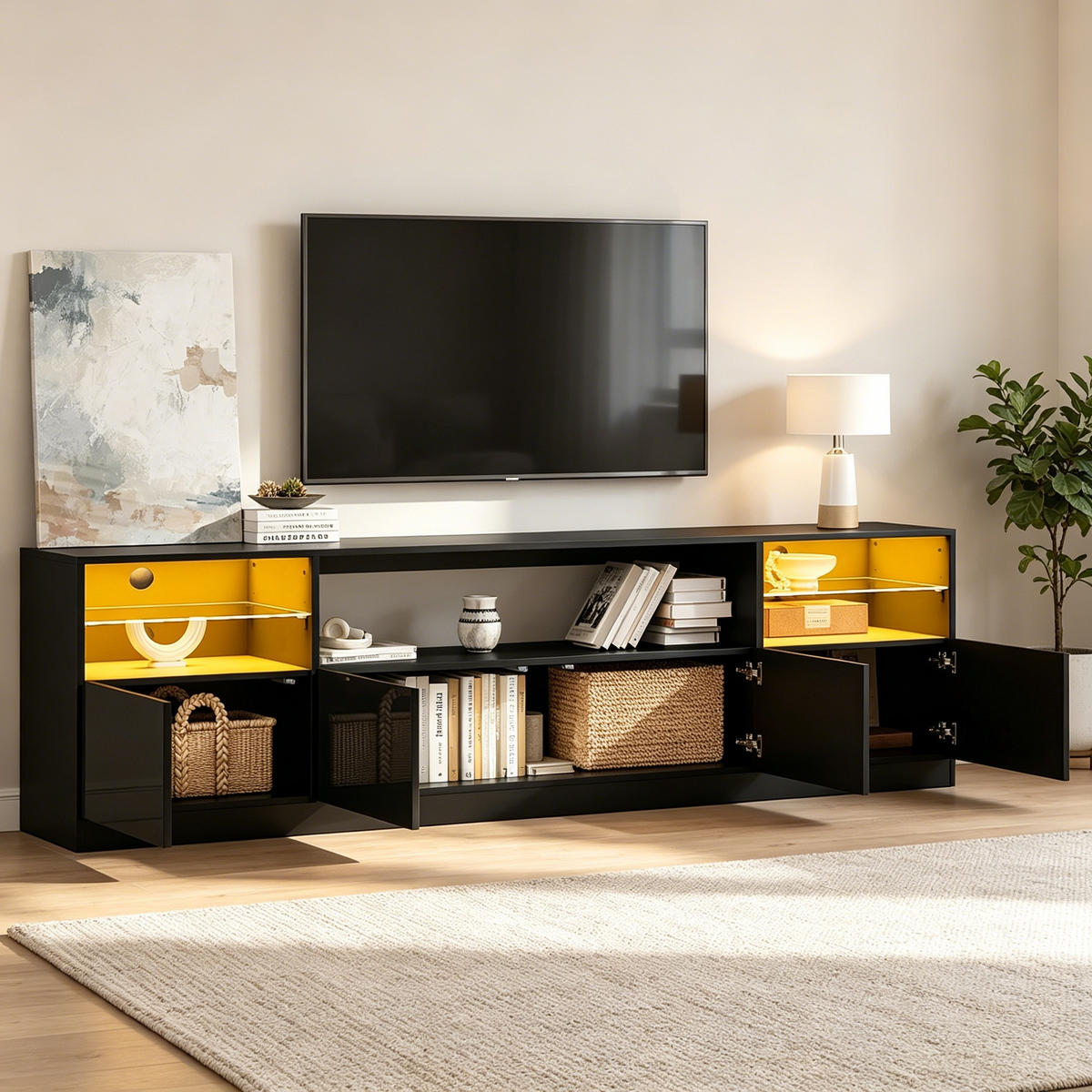TV-ELEMENT 180/35/60 cm Hochglanz Schwarz mit LED-Beleuchtung und 4 Türen - Schwarz, Holzwerkstoff (35/60/180cm) - Korfee