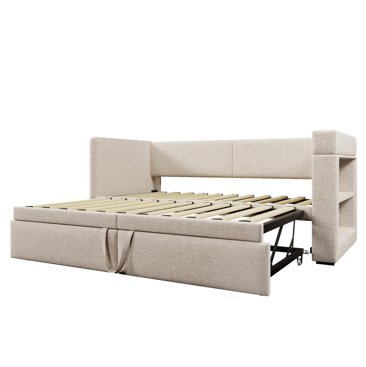 POLSTERBETT 90/200 cm mit Ausziehbett, USB-C und Getränkehaltern, Beige - Beige, Textil (90/200cm) - BEAOK