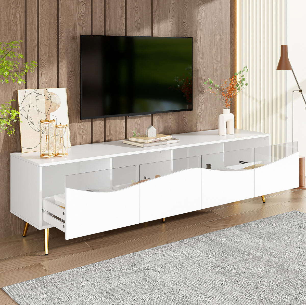 LOWBOARD 180/40/50 cm aus MDF mit LED-Beleuchtung, Glasfront und goldfarbenen Metallfüßen Weiß - Weiß, Holzwerkstoff (180/50/40cm) - Modenvie