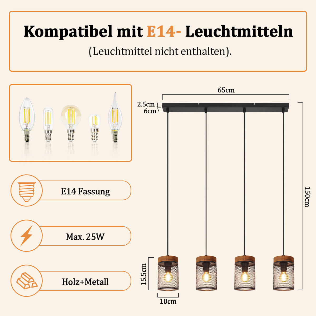 PENDELLEUCHTE Rhyven 65/10/150 cm - Schwarz/Braun, Holz/Metall (65/10/150cm) - ZMH