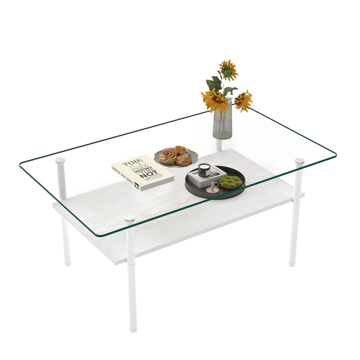 COUCHTISCH DE-37418 rechteckig mit Glasplatte und MDF-Ablage Weiß - Weiß, Metall (98/58/45cm) - ComfortXL