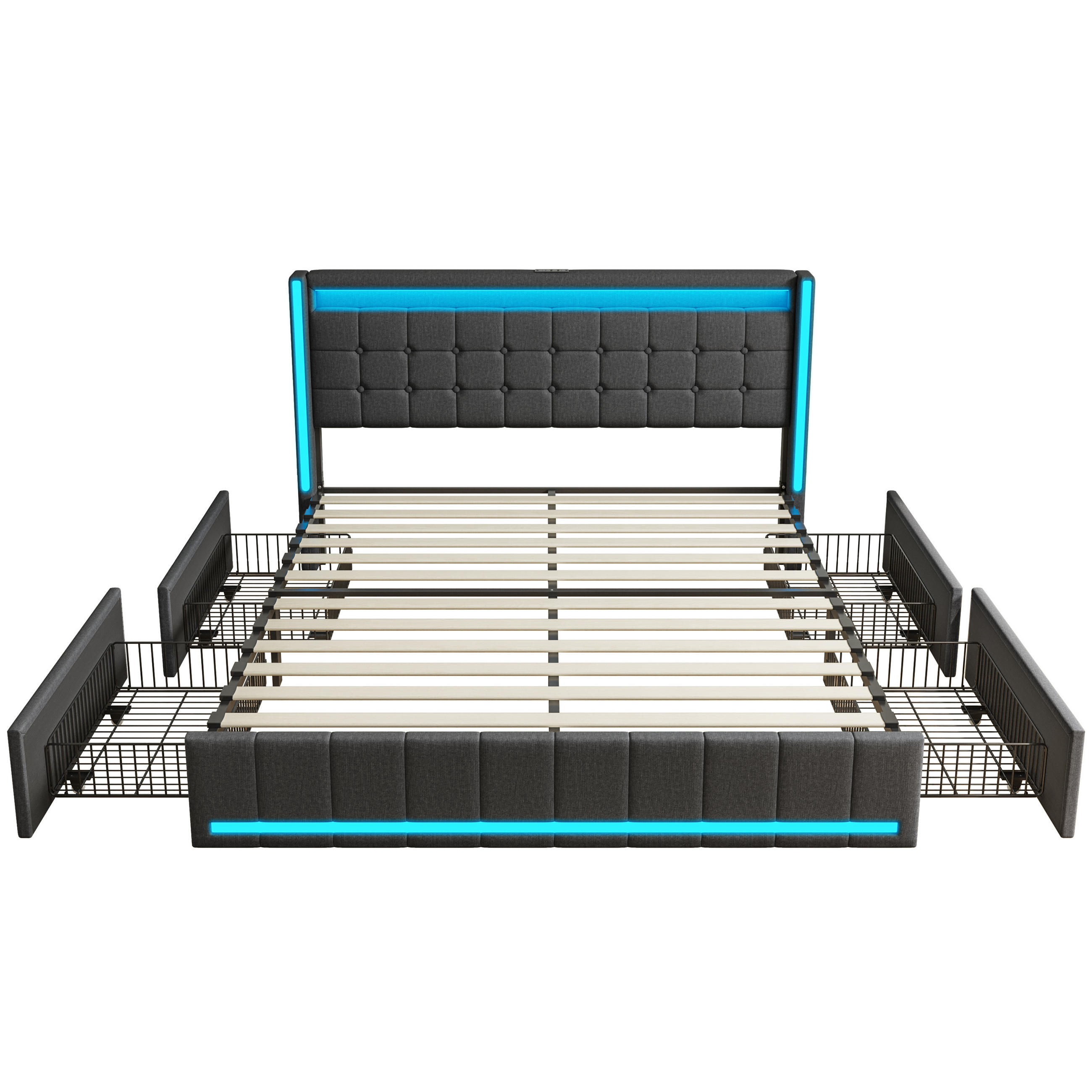 POLSTERBETT 140x200 cm, Grau, mit LED-Beleuchtung & USB-Aufladung - Grau, Textil/Metall (140/200cm)