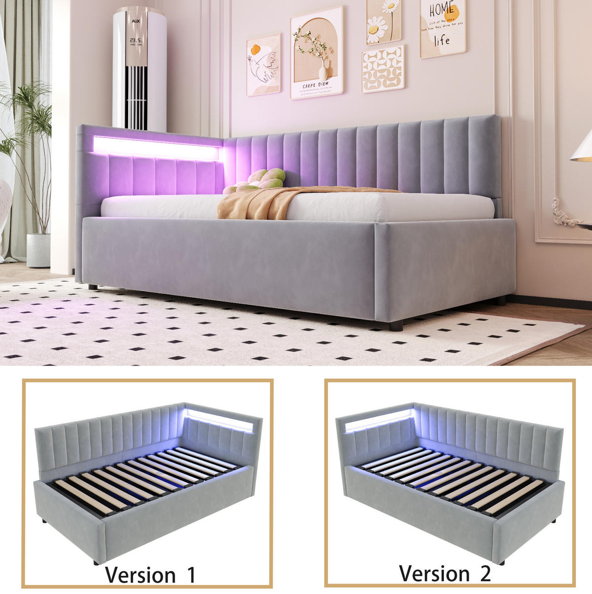 TAPECIRANI krevet 90/200 cm sivi od baršuna s LED rasvjetom i hidrauličnim prostorom za odlaganje - svijetlo siva, tekstil (90/200cm) - OKWISH