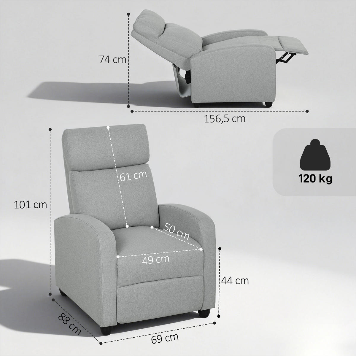 RELAXSESSEL DE-06317 verstellbar 135°, ausziehbare Fußstütze Hellgrau - Hellgrau, Textil/Metall (88/101/69cm) - ComfortXL