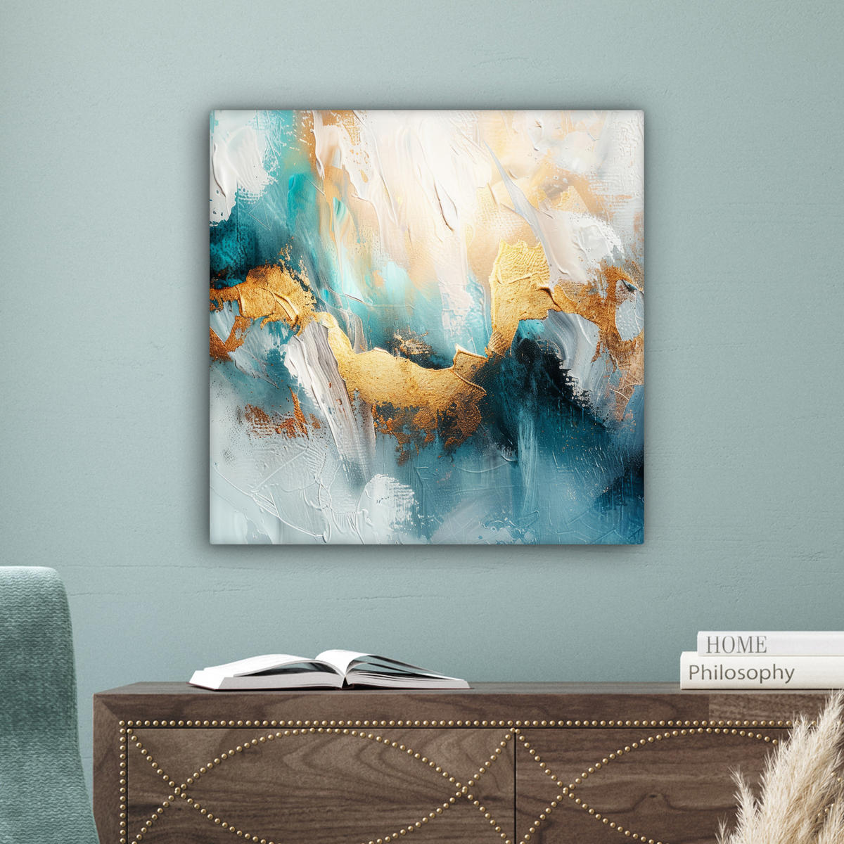 LEINWANDBILD Abstrakt - Kunst - Gold - Blau 50x50 cm - Petrol, Textil (50/50cm) - MuchoWow