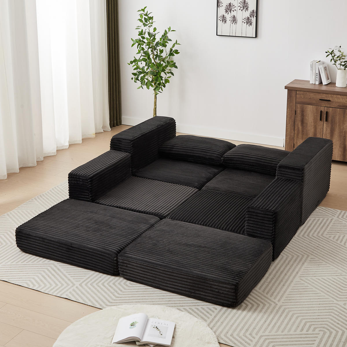 ECKSOFA DE-34544 2-in-1 mit Fußstütze und Kissen Schwarz - Schwarz, Textil (169.5/194cm) - ComfortXL