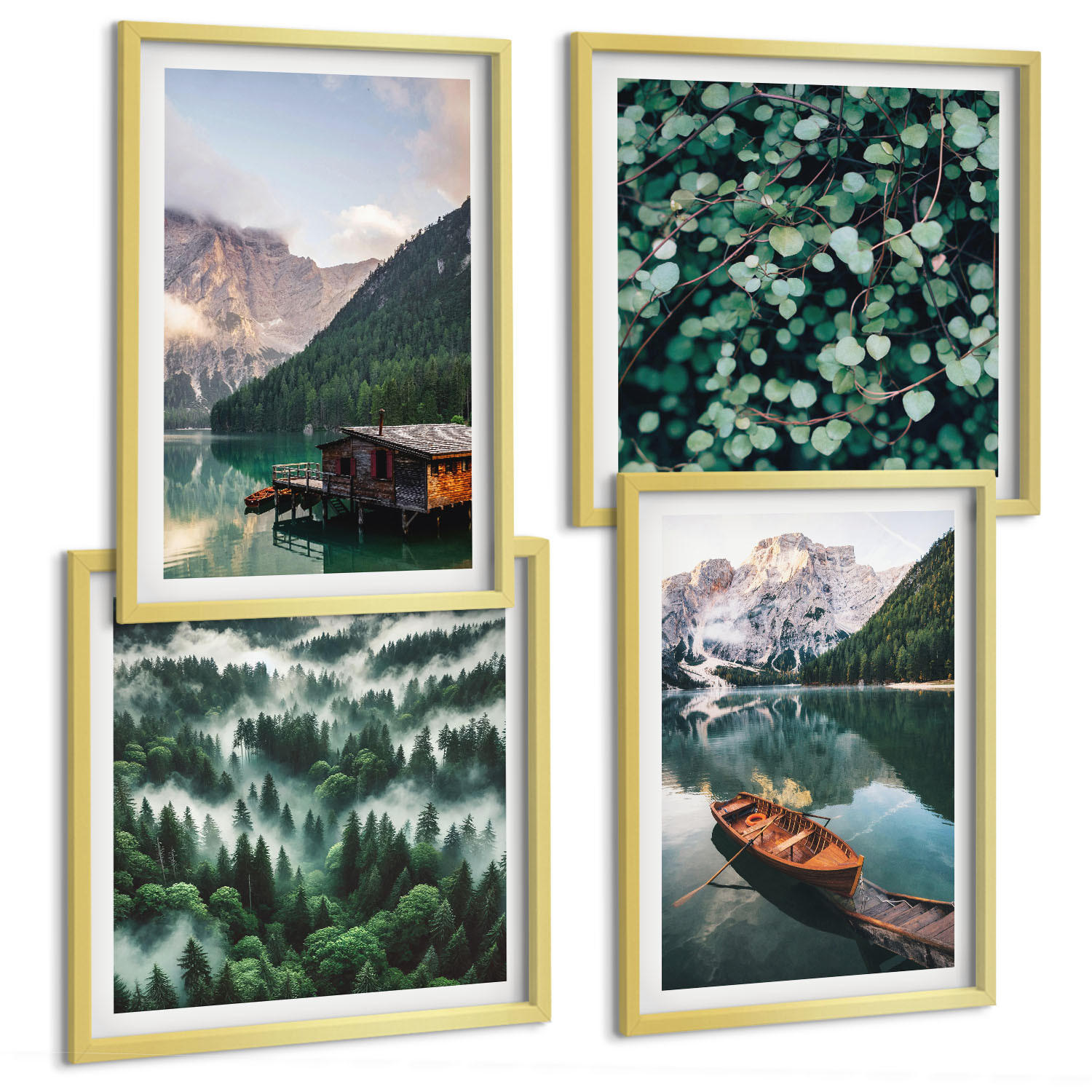 BILDER SET 4er Set - 50x50 cm & 40x60 cm Goldrahmen - Nebel auf dem Bergsee, Bootsfahrten, Nebel - Goldfarben, Kunststoff (50/50cm) - TULUP