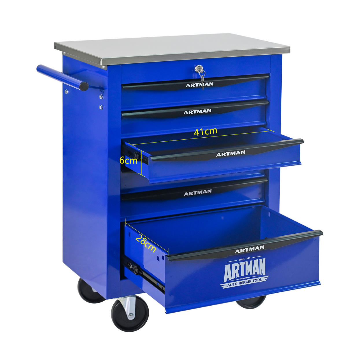 WERKZEUGWAGEN Metall mit Rollen – 6 Schubladen, Edelstahlablage, Werkstattwagen für Garage & Werkstatt, Schwarz/Blau - Blau, Metall (34.5/78/62.5cm) - Ej. Life