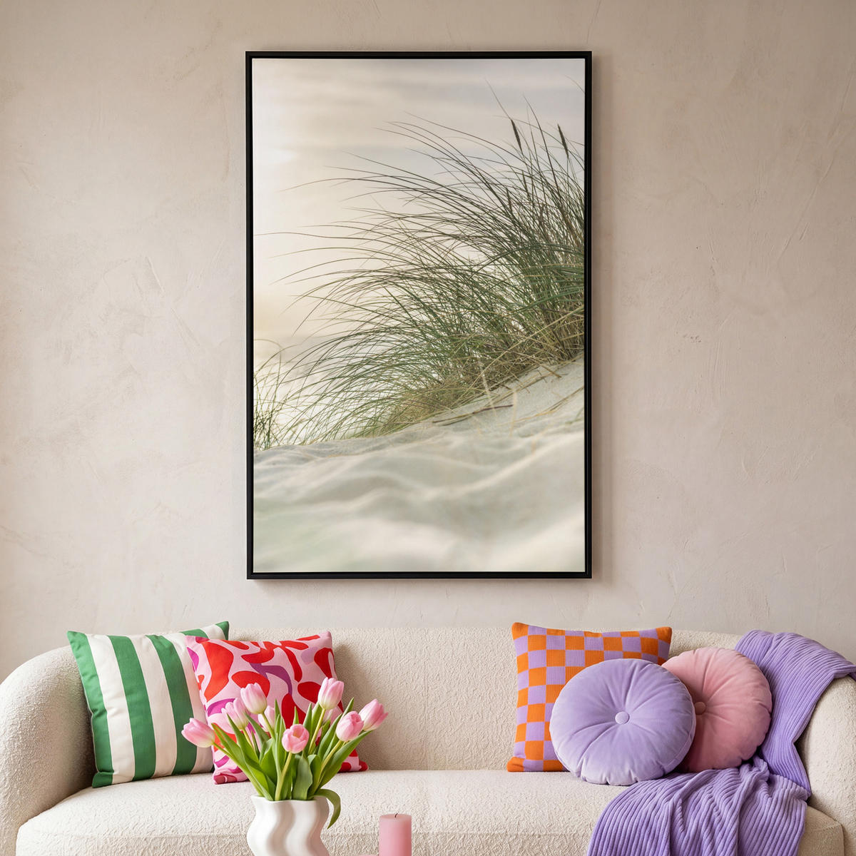 LEINWAND Bilder mit Rahmen - Dünen mit Strandhafer in der Sonne des Nationalparks Schleswig-Holsteinisches Wattenmeer - 100x150 - Creme, Textil (100/150cm) - MuchoWow