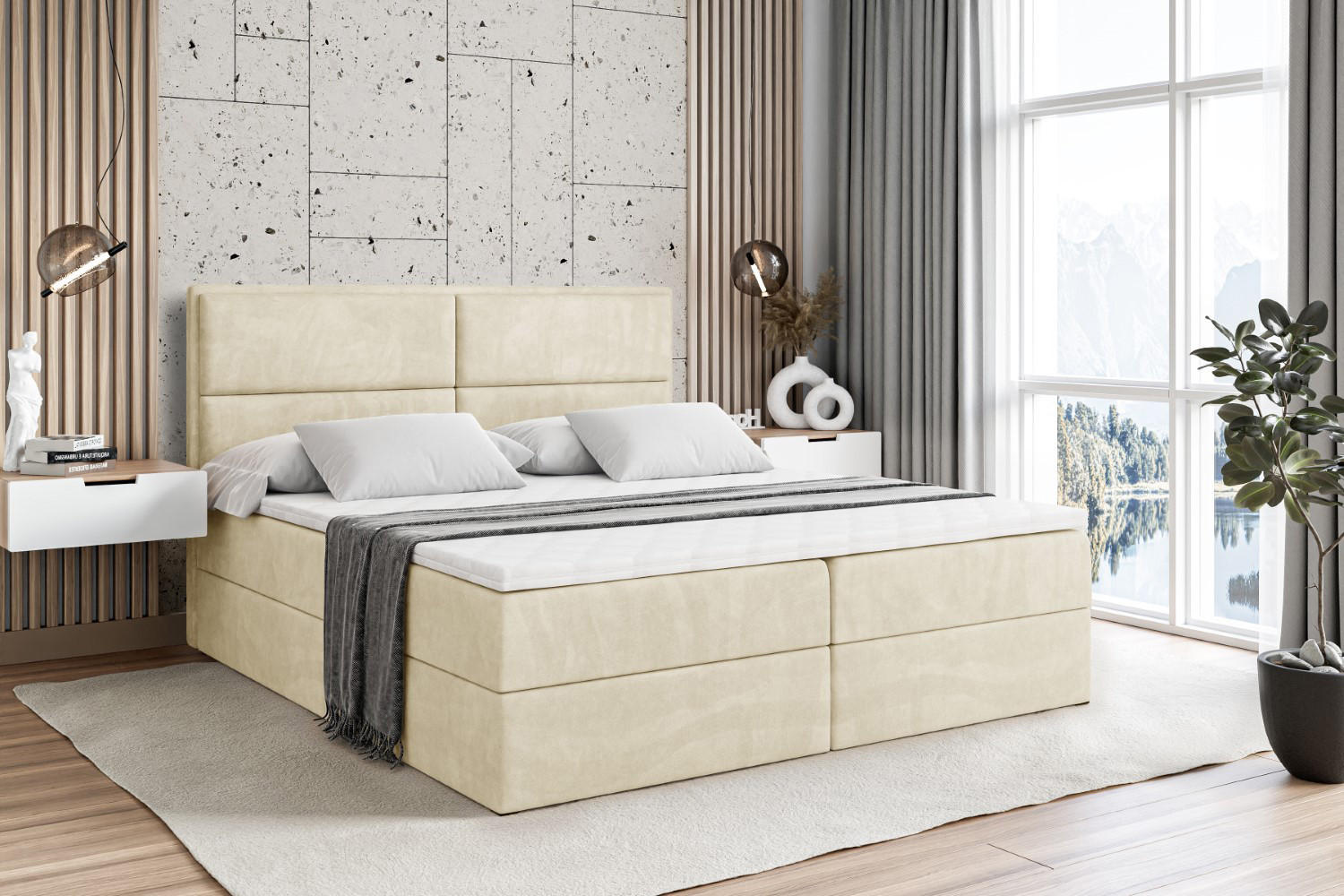 BOXBETT mit Matratze H4 und Lattenrost - AURA - 200x200 - H4 - Beige - Beige, Holzwerkstoff (200/200cm) - ALTDECOR