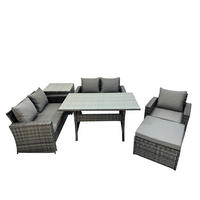GARTENMÖBELSET mit 2-Sitzer Sofa,3 Hockern,Esstisch,Beistelltisch Polyrattan Dunkelgrau 6-Sitzer - Dunkelgrau/Grau, Glas/Kunststoff - Fimous