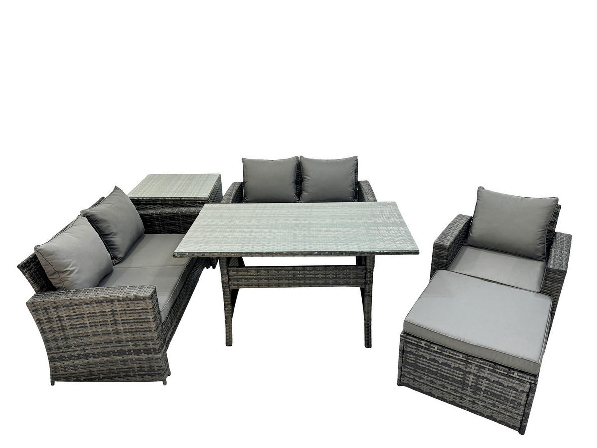 GARTENMÖBELSET mit 2-Sitzer Sofa,3 Hockern,Esstisch,Beistelltisch Polyrattan Dunkelgrau 6-Sitzer - Dunkelgrau/Grau, Glas/Kunststoff - Fimous