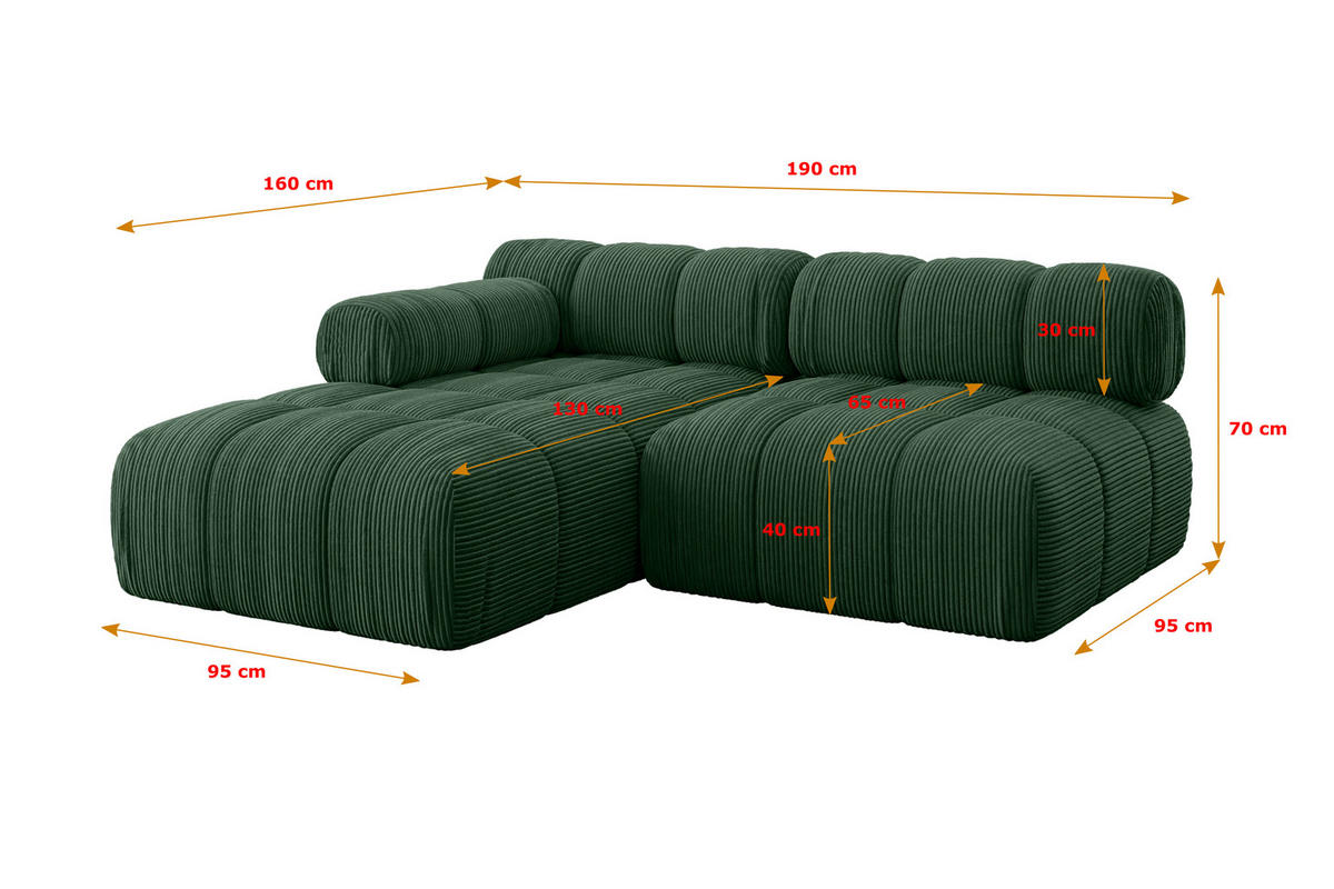 ECKSOFA modulares Sofa Razon-L1 - 190x160x70 cm Grün Cord - Grün, Holzwerkstoff/Textil (190/160cm) - ALTDECOR