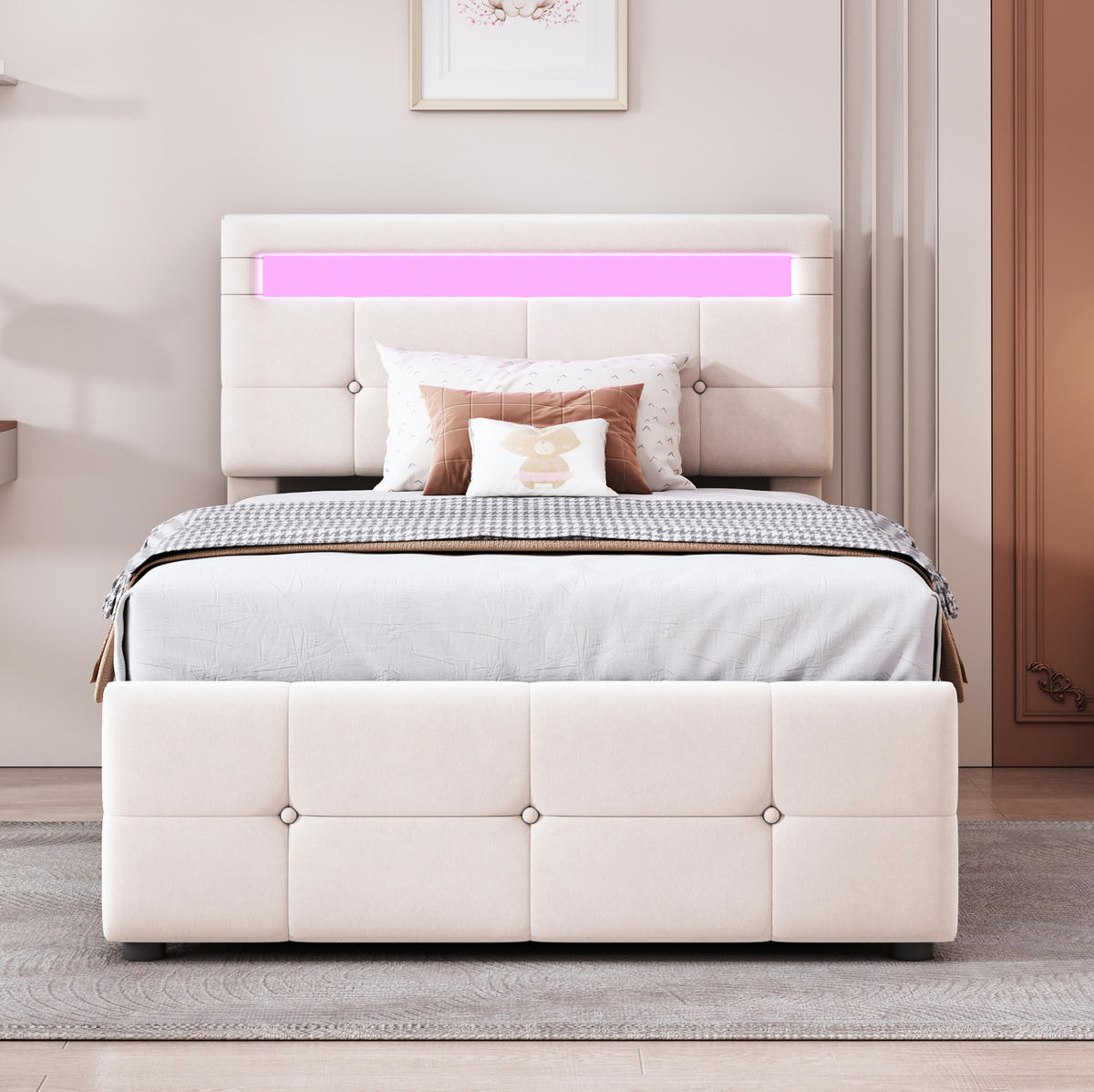 SAMT-POLSTERBETT 90/200 cm mit Bettkasten & LED-Beleuchtung, höhenverstellbares Kopfteil - Beige, Textil (90/200cm) - BEAOK