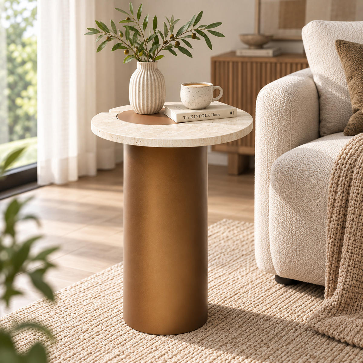 BEISTELLTISCH Holz Rund mit Travertin-Optik, 56 cm hoch - Braun, Holzwerkstoff (40/40/56cm) - Hometopia
