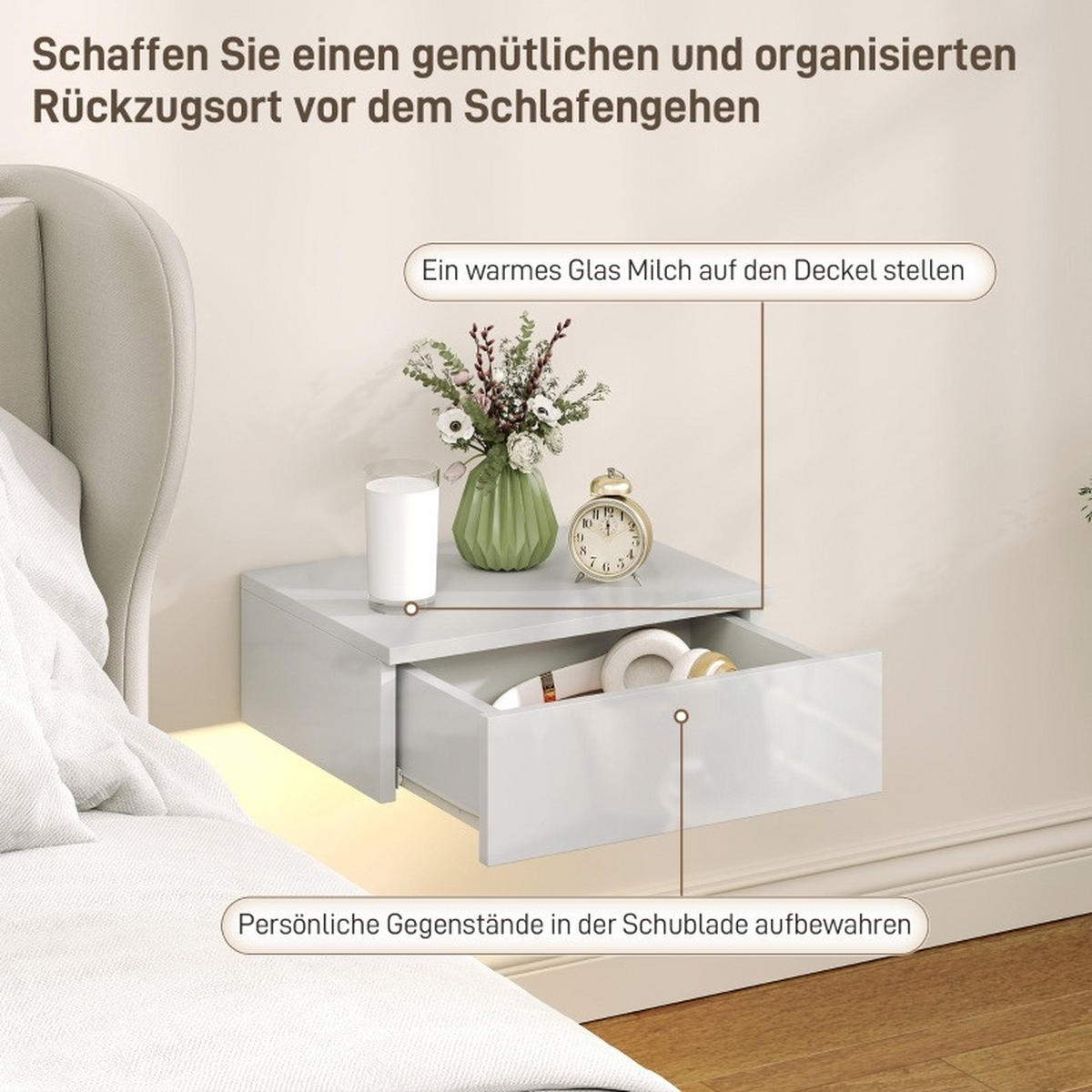 2ER-SET Nachttische aus Holz 30x40x14 cm Weiß wandmontiert mit Schublade und Hochglanzfront - Weiß, Holz (40/14/30cm) - Modfu