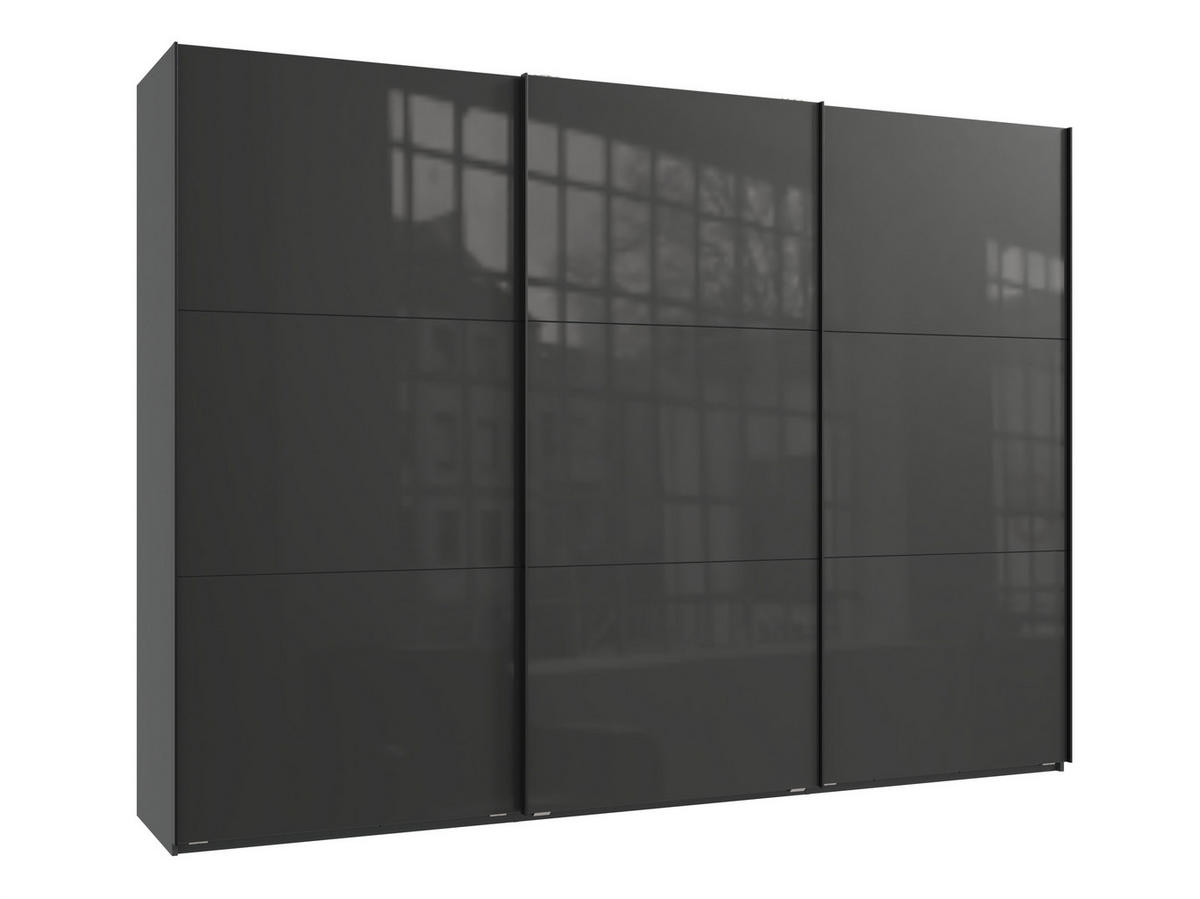 SCHWEBETÜRENSCHRANK 3-türig B300/H216/T65 cm in Anthrazit mit Glasfront inkl. Vollausstattung / 22038 - Anthrazit/Schwarz, Holzwerkstoff/Metall (300/216/65cm) - luma-home