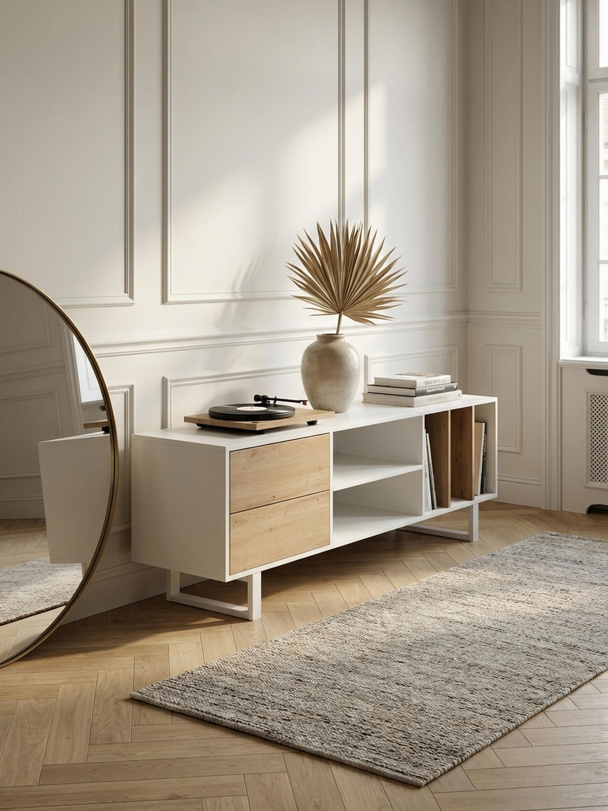 TV-LOWBOARD mit Eiche-Dekor, Schubladen und offenes Regal, modern, Weiß 150x40x55 cm - Weiß, Holzwerkstoff/Metall (150/55/40cm) - KADIMA DESIGN