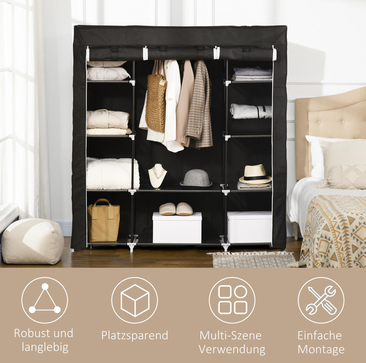 KLEIDERSCHRANK 150/162,5/43 cm Schwarz aus Stahl mit Reißverschluss - Schwarz, Metall (43/162.5/150cm) - OKMYHOME