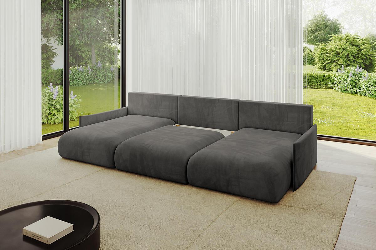 WOHNLANDSCHAFT mit Schlaffunktion und Bettkasten ONESK-U-v1 304x165x40 Dunkelgrau Velours - Dunkelgrau, Holzwerkstoff/Kunststoff (304/90/165cm) - ALTDECOR
