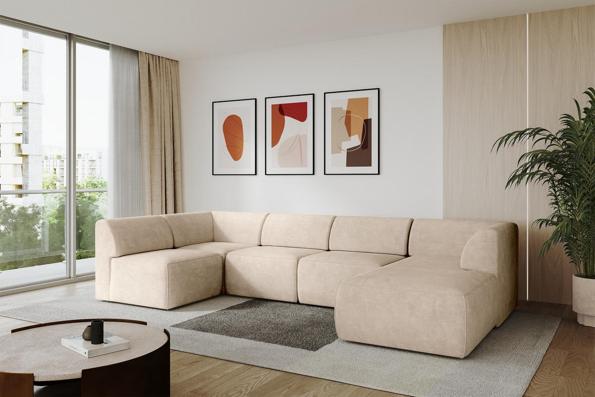 WOHNLANDSCHAFT Ottomane Rechts MOVA 345x180x78 Beige Samt - Beige/Schwarz, Holzwerkstoff/Kunststoff (345/78/180cm) - ALTDECOR
