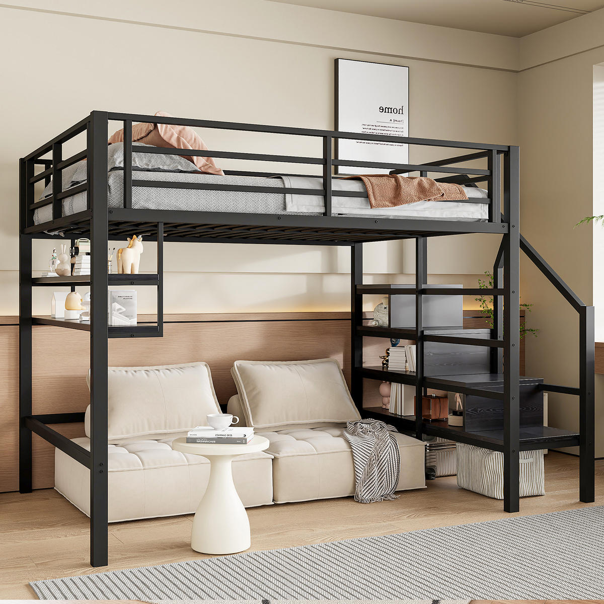 HOCHBETT 140x200cm Schwarz Einlegeböden Stauraumleiter Geländer - Schwarz, Metall (140/200cm) - FLIEKS