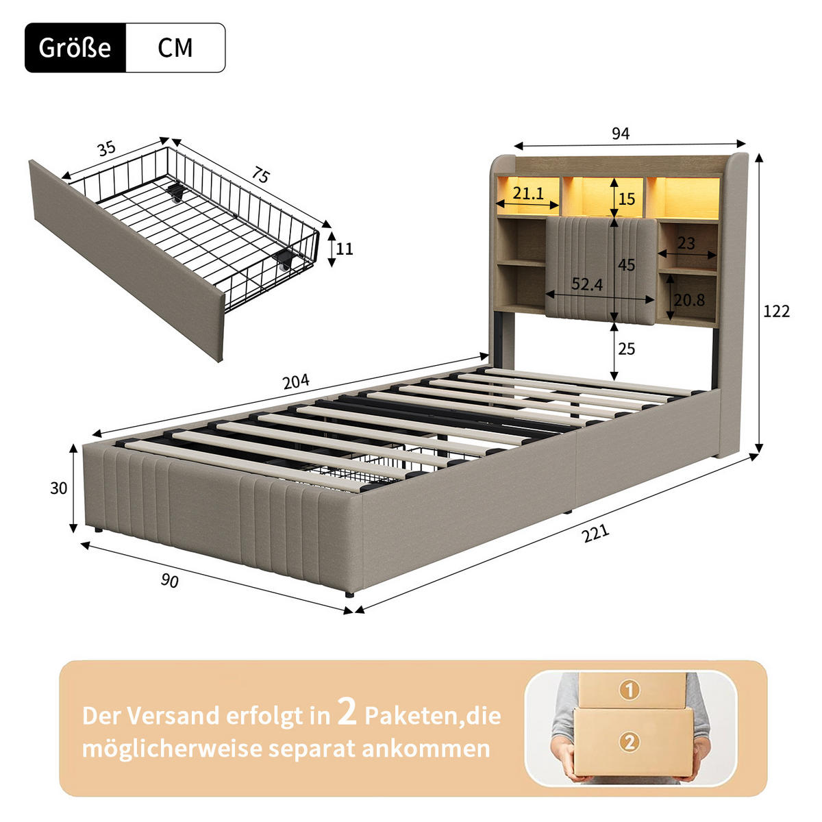POLSTERBETT 90/200 cm Beige mit 2 Schubladen, LED-Kopfteil mit Ablage und USB - Beige, Metall (90/200cm) - EuroLiving