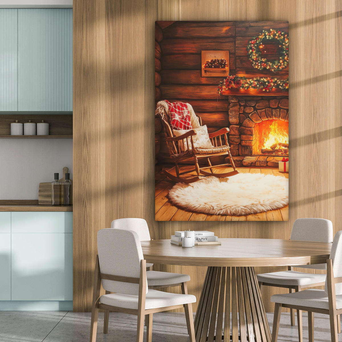 LEINWANDBILD Winter - Weihnachten - Zuhause - Kamin 90x140 cm - Bernsteinfarben, Textil (90/140cm) - MuchoWow