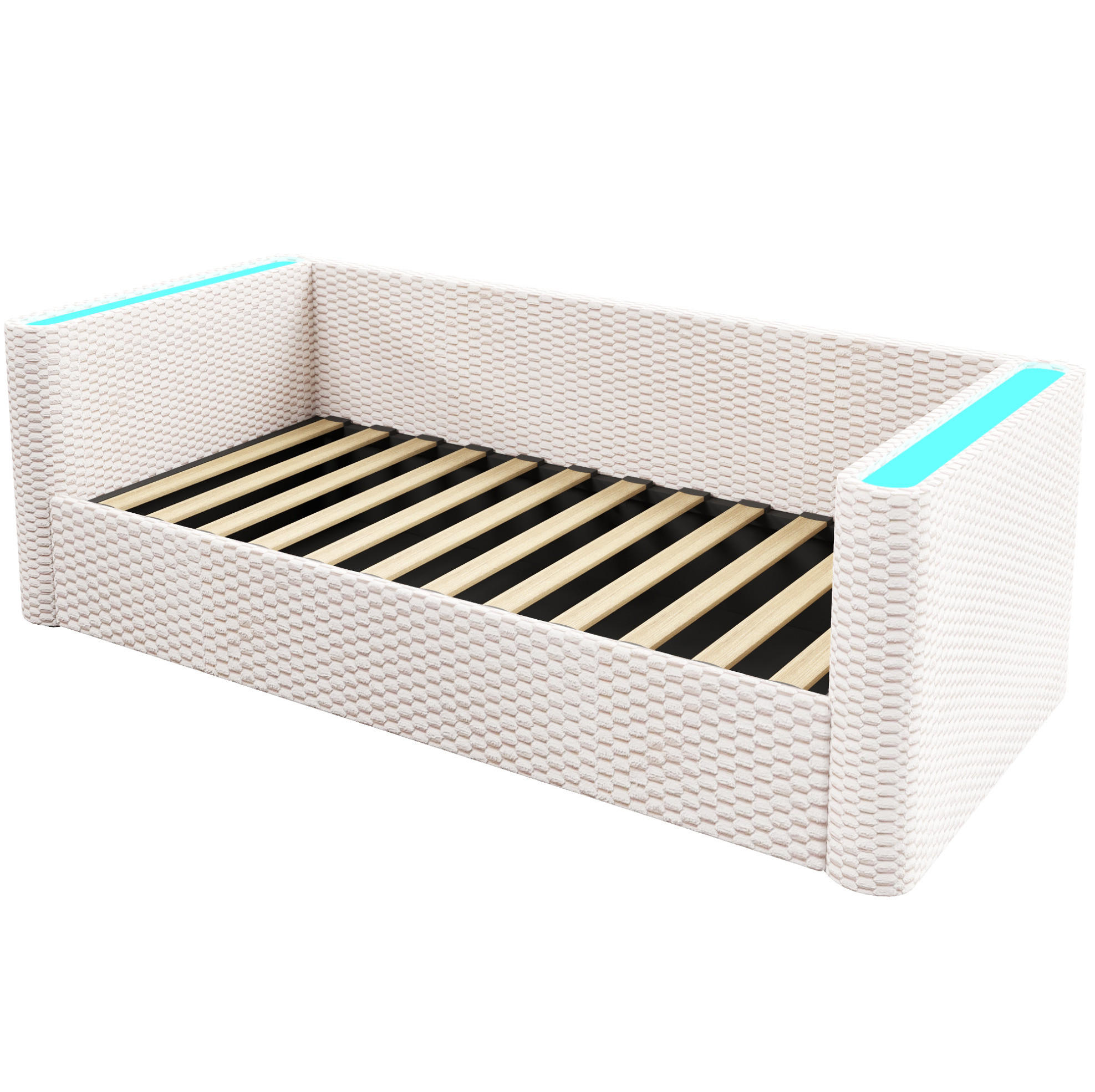 Modfu DENNÍ postel ze sametu 90x200 cm béžová s LED osvětlením a hydraulickým úložným prostorem