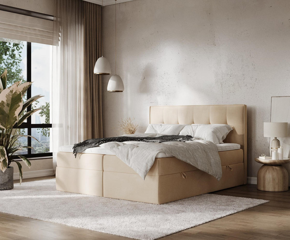 BOXBETT Mireo 180/200 cm Beige im Kronos Stoff - Beige/Schwarz, Holz/Holzwerkstoff (180/200cm) - AltaBeds