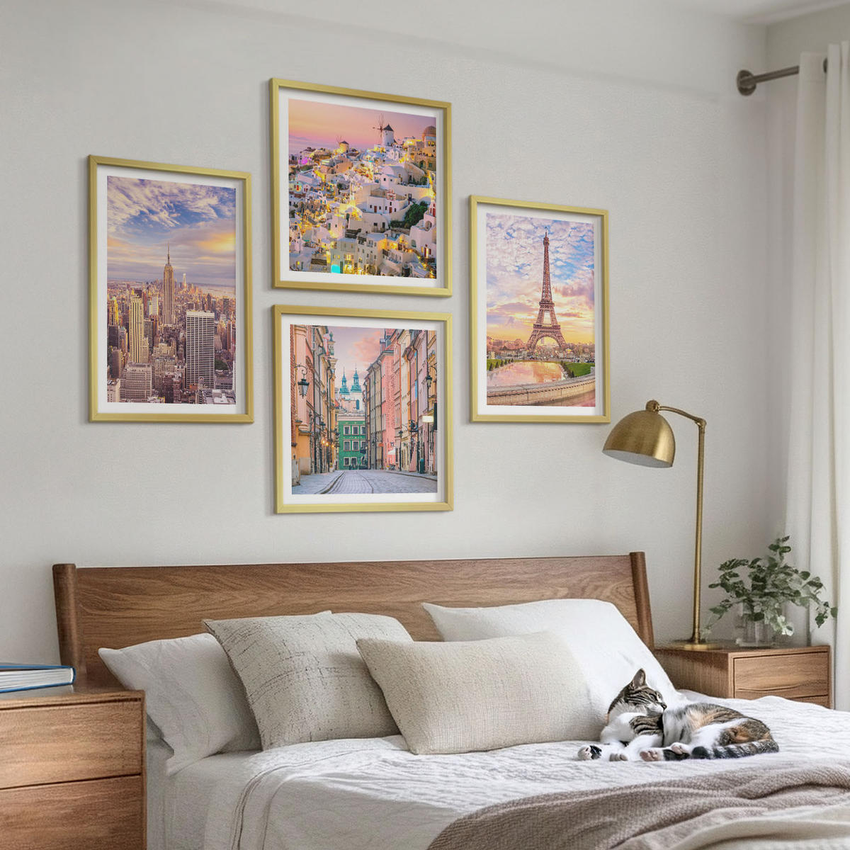 WANDBILDER 4er Set - 50x50 cm & 40x60 cm Goldrahmen - New York Paris Oia Warschau Dämmerung - Goldfarben, Kunststoff (50/50cm) - ArtPrintCave